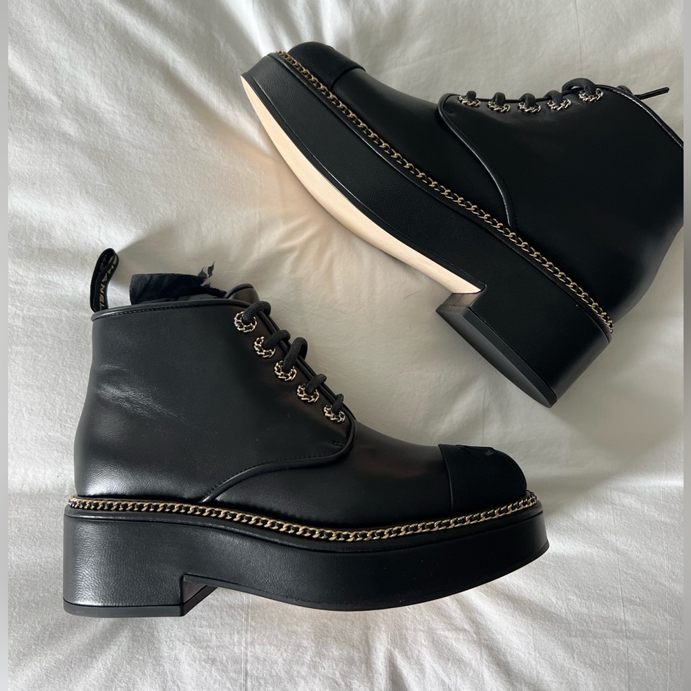 Chanel calfskin chain lace up boots size 38.5